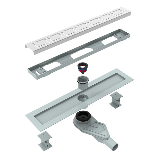 Exploded view of linear shower drain parts including wet dry siphon and stainless steel channel