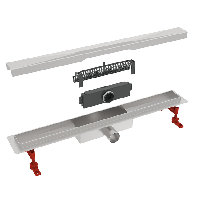 Exploded components of linear drains for tile showers featuring Wet siphon and hair filter