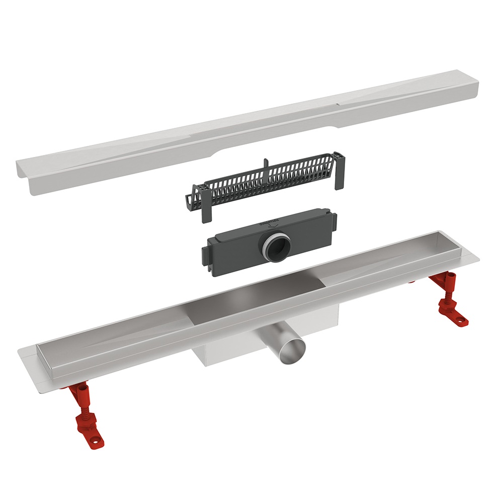 Exploded components of linear drains for tile showers featuring Wet siphon and hair filter