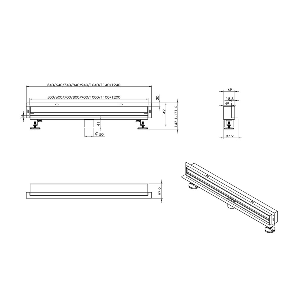 Stainless steel linear shower drain technical drawing with dimensions
