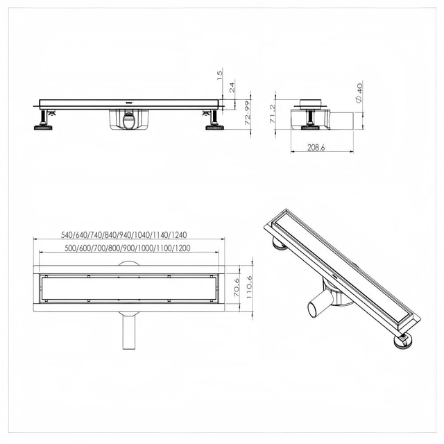 Technical drawing of linear shower drains showing adjustable height and 360&deg; rotatable siphon dimensions
