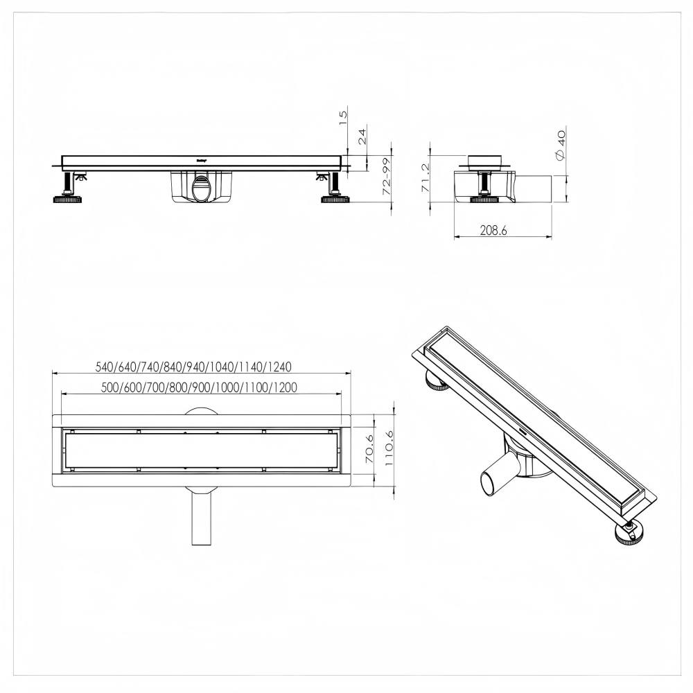 Technical drawing of linear shower drains showing adjustable height and 360&deg; rotatable siphon dimensions