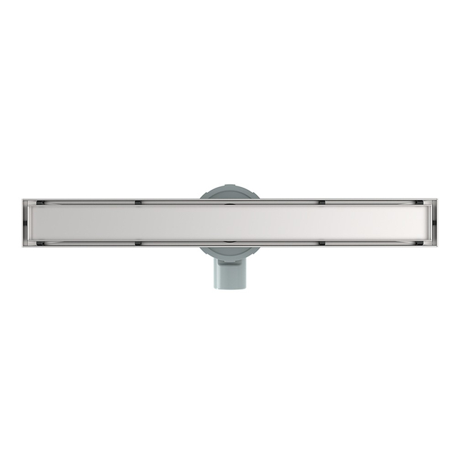 Underside of stainless steel linear shower drain showing horizontal outlet and adjustable feet