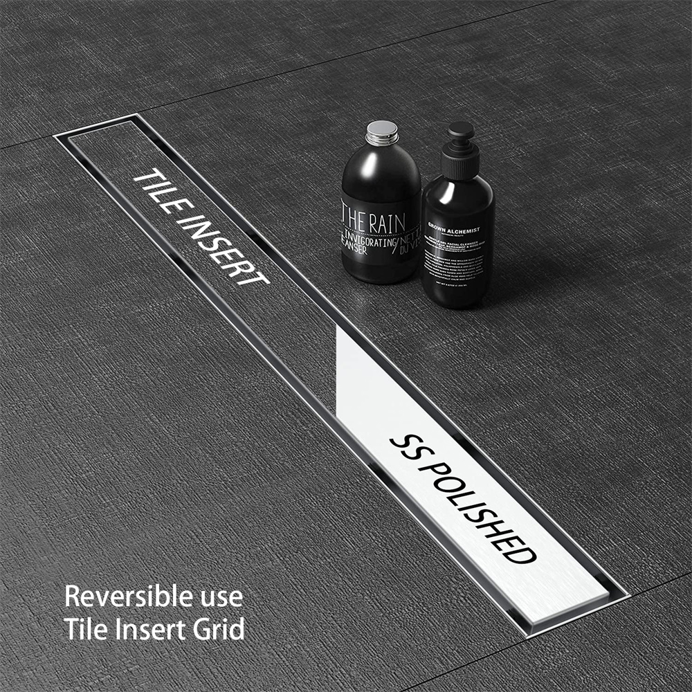 Dual-use tile insert and polished stainless steel linear shower drain for seamless bathroom floors