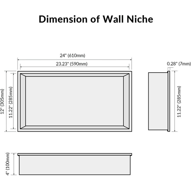 Rectangular wall niche stainless steel dimension layout with measurements