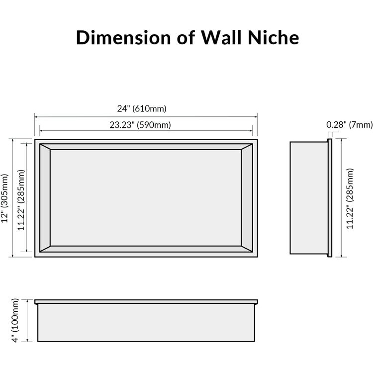 Rectangular wall niche stainless steel dimension layout with measurements