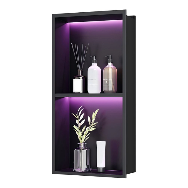 LED shower niche vertical dual shelf stainless steel wall niche frontal display