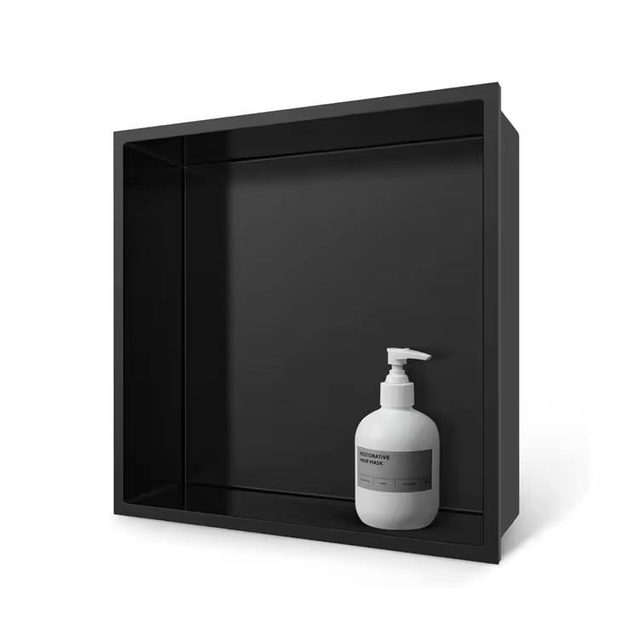 square shower niche in matte black stainless steel for bathroom storage