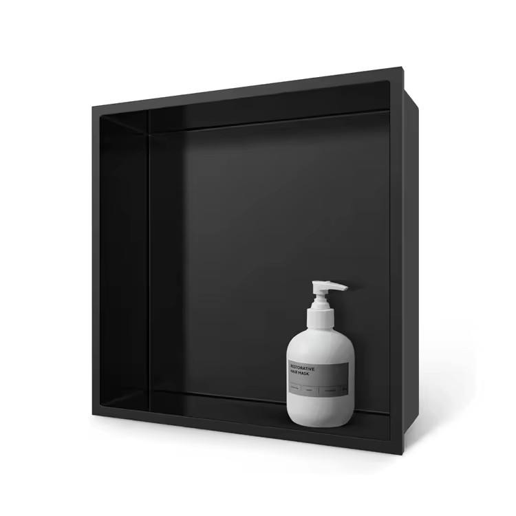 square shower niche in matte black stainless steel for bathroom storage