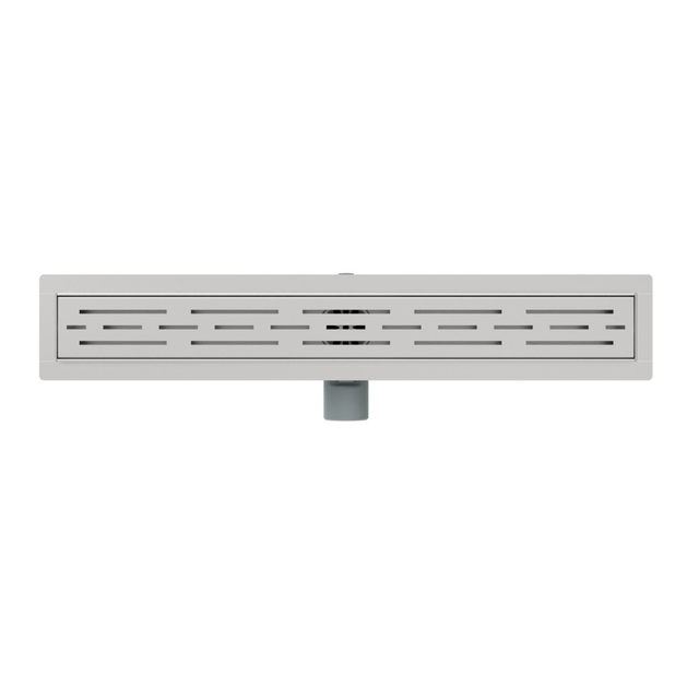 Top-down view of linear drains for shower with slotted stainless steel grate