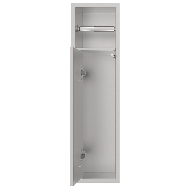 Vertical recessed toilet brush storage with open door and internal stainless steel cavity
