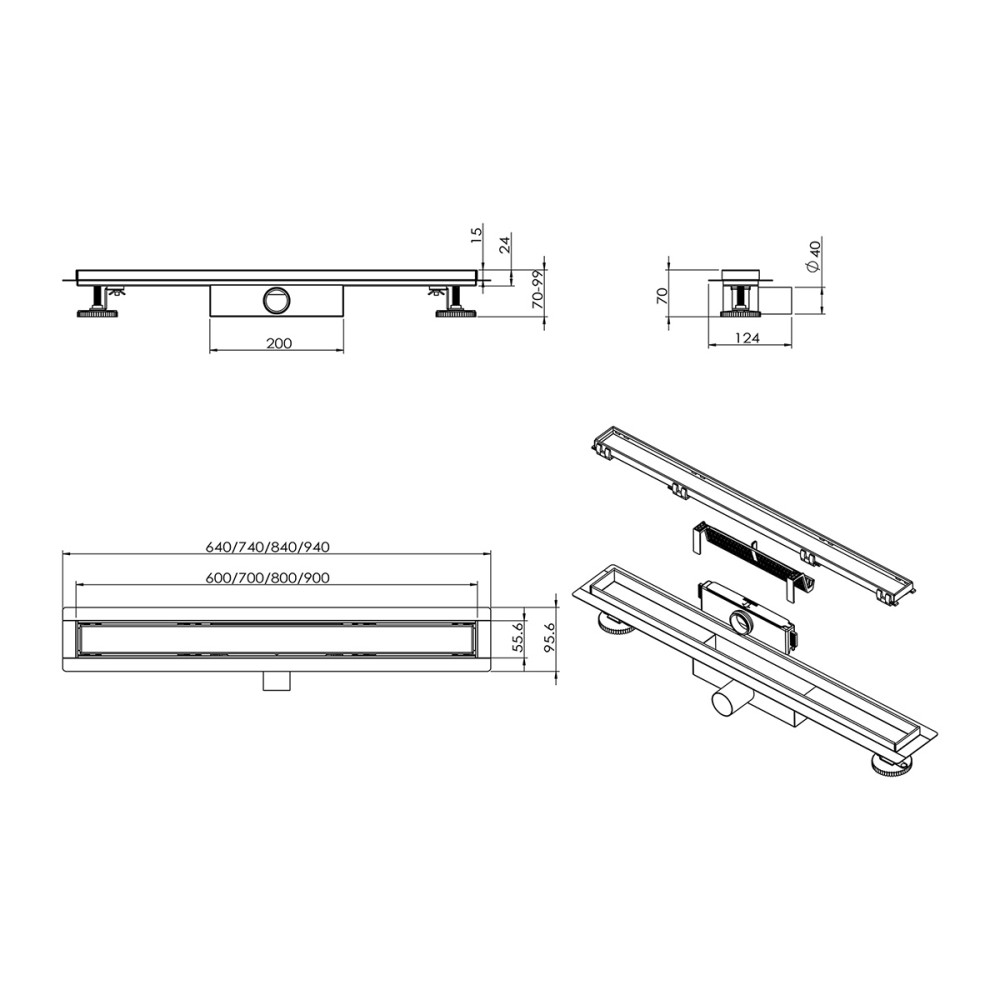 Technical dimensions drawing for linear drains shower installation