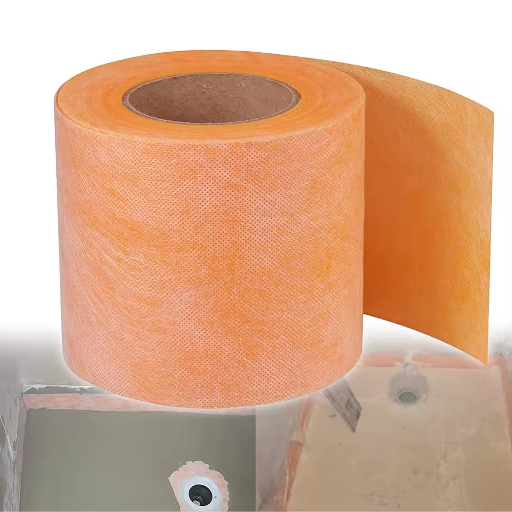 Orange tile shower waterproofing membrane applied around shower drain