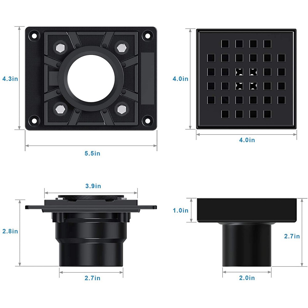 Top-down look of square PVC shower drain base with pre-drilled holes