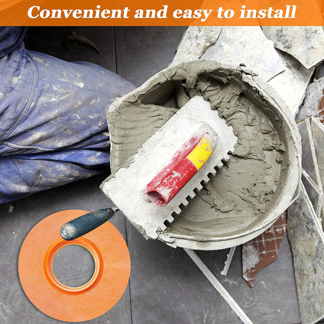 Orange mixing valve seal alongside a mortar bucket and notched trowel