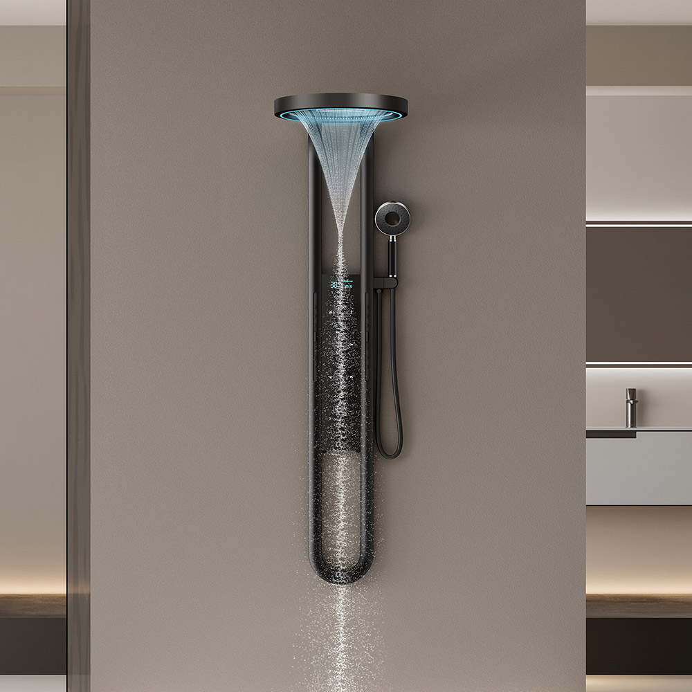 Wall-mounted LED thermostatic shower system in bathroom