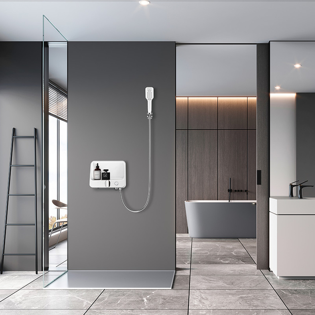 Handheld shower set with shelf installed in modern bathroom