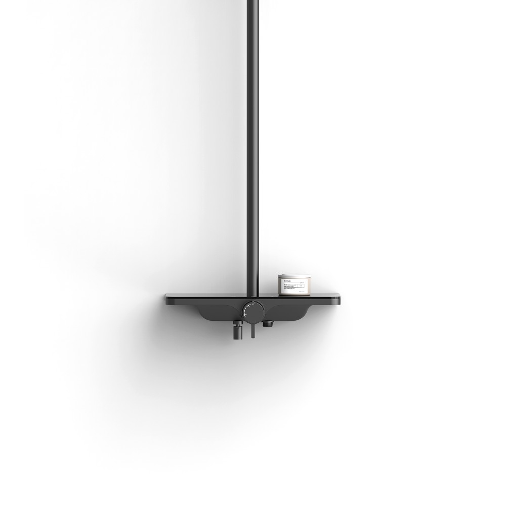 Front view of thermostatic shower shelf with temperature handle