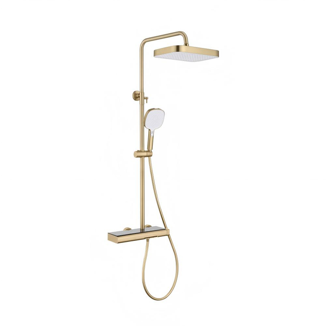 Gold thermostatic shower column with rainfall head and hand shower
