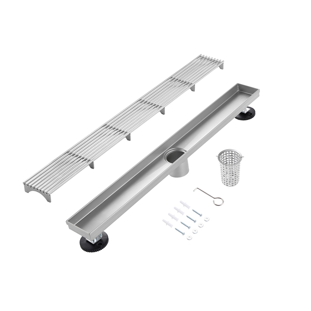 Stainless steel linear drain wedge wire exploded components with filter and accessories