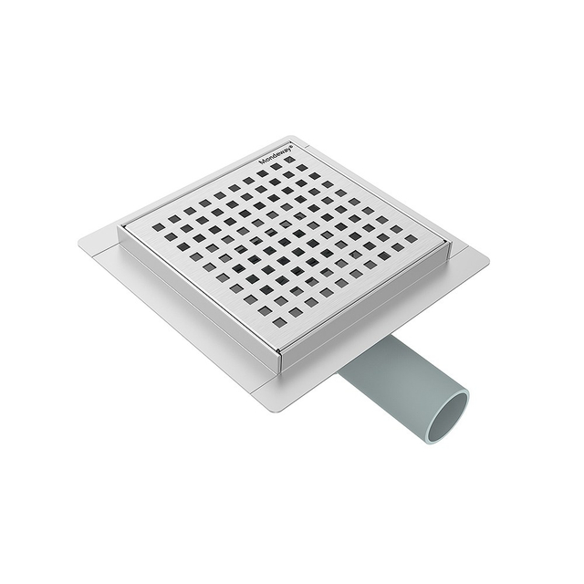 Square shower drain assembly with horizontal drain design and stainless steel grate surface