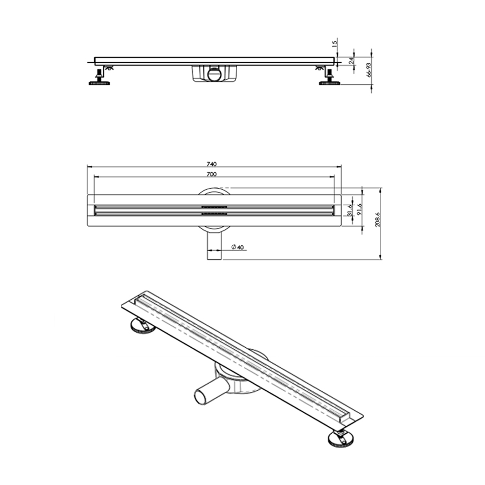 Slim linear floor drain stainless steel with extended flange 700mm length