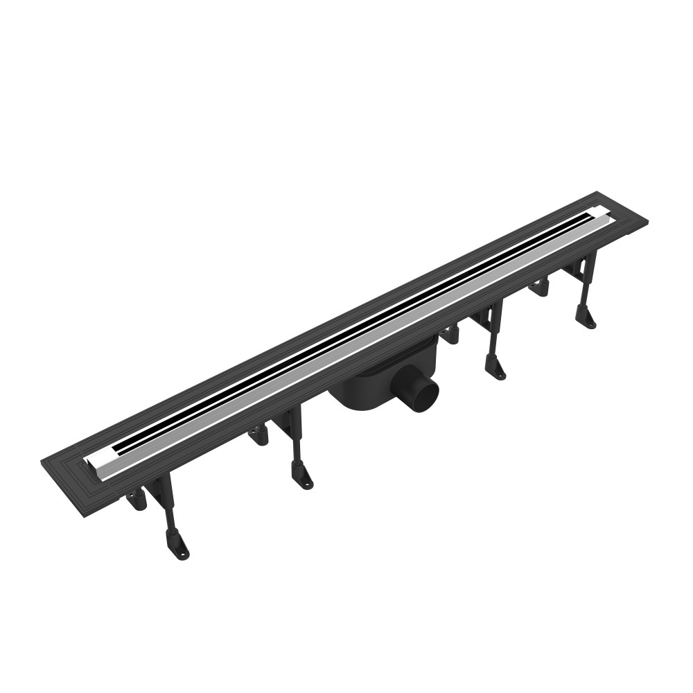 Chrome finished slim linear shower drain with horizontal outlet for renovation projects