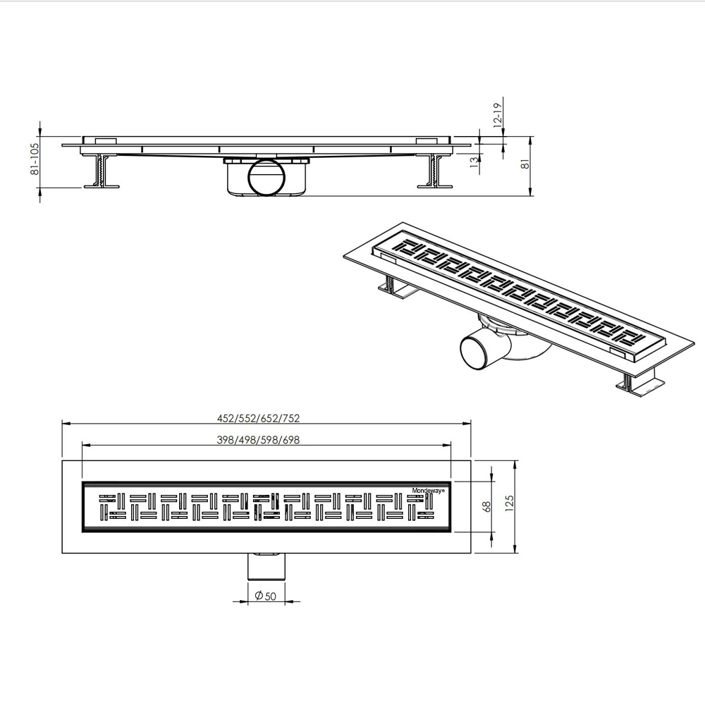 Linear drains for showers technical dimension drawing for floor