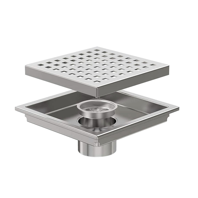 Stainless shower drain square structure showing ABS siphon and components