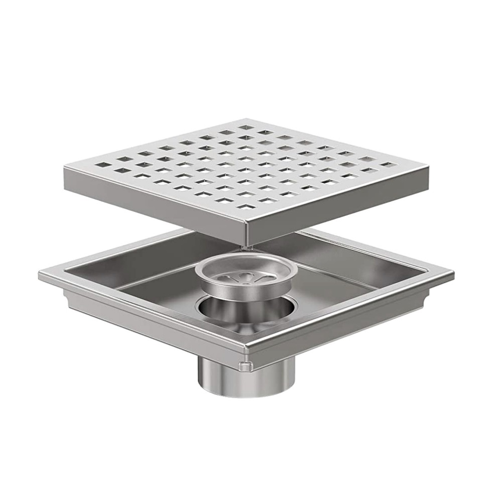 Stainless shower drain square structure showing ABS siphon and components