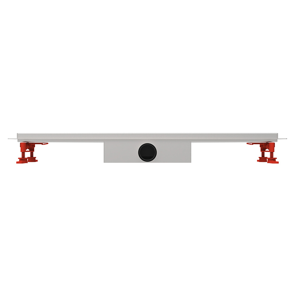 Front perspective of a brushed 304 stainless steel linear bathroom floor drain