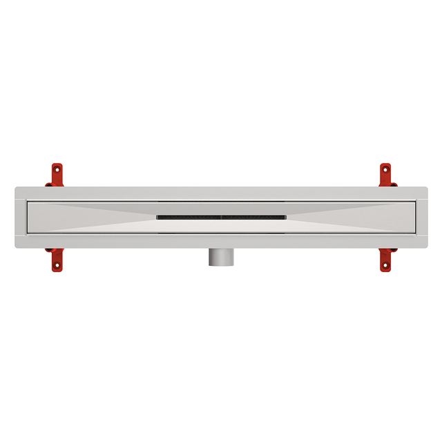 Top-down look at a tile insert linear drain grate for a hidden drainage aesthetic