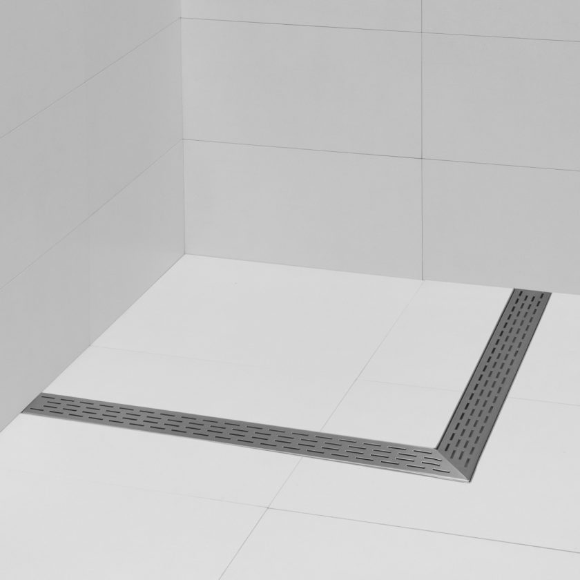 Corner linear shower drain with multi slot grate l shaped layout