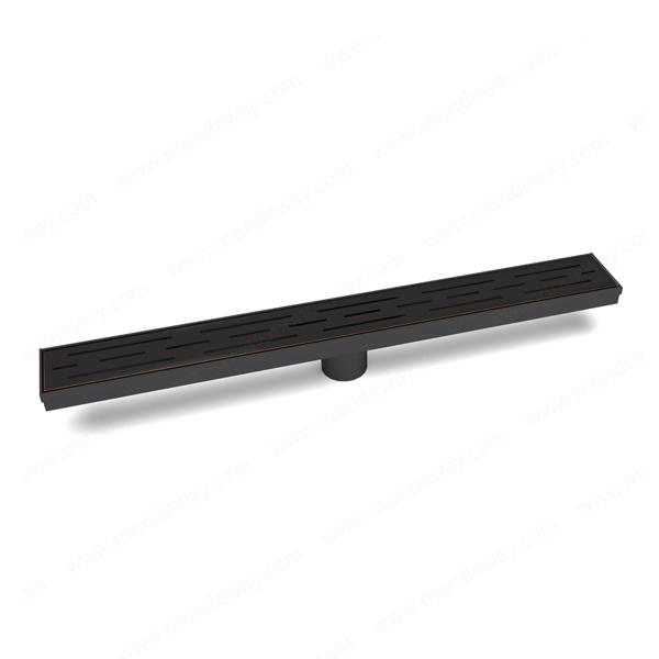 Black low profile linear drain designed for anti clog drainage and adjustable installation