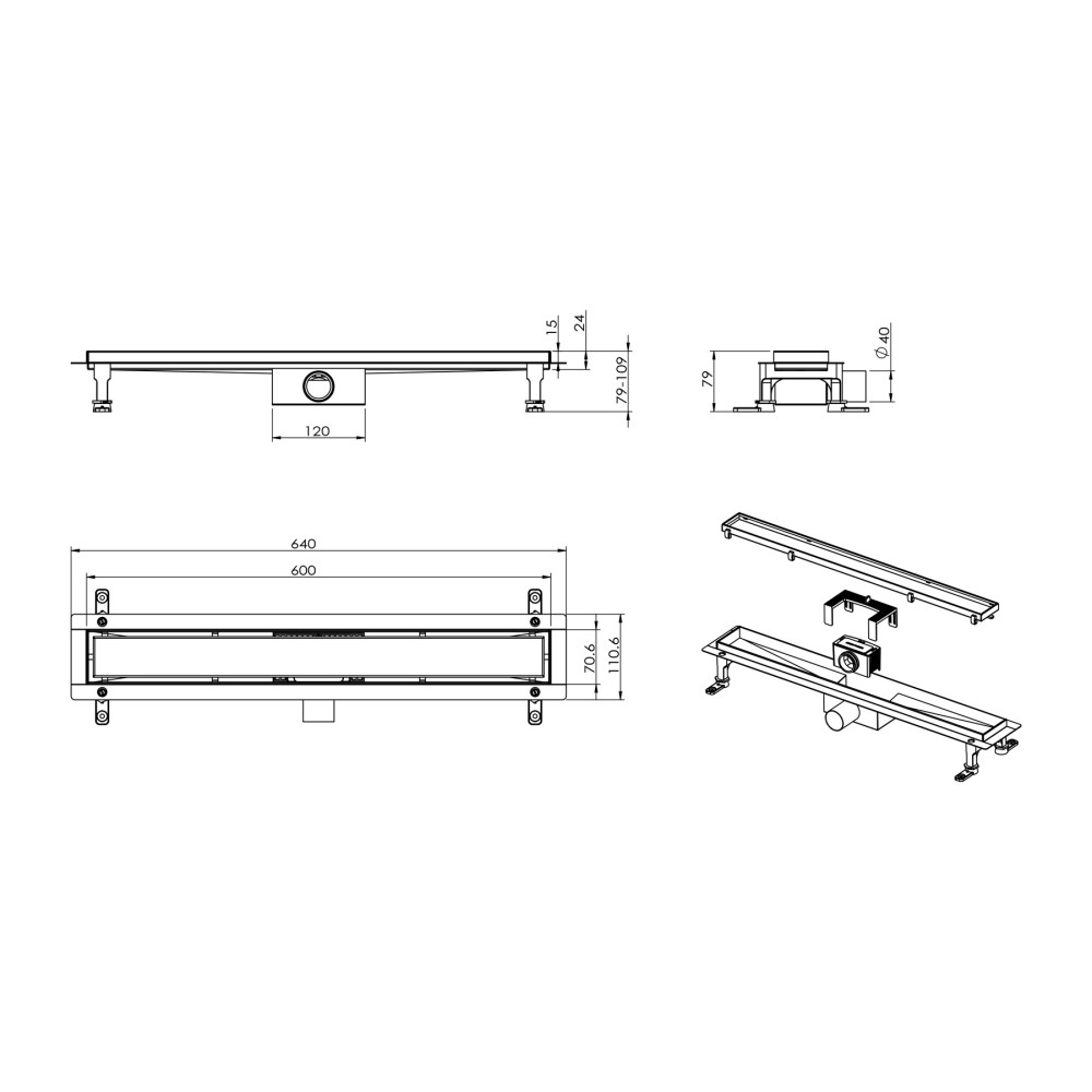 stainless steel linear shower drain technical drawing with adjustable height details