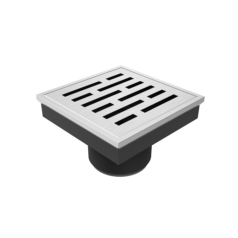4 inch square shower drain with stainless steel grate and ABS base drain