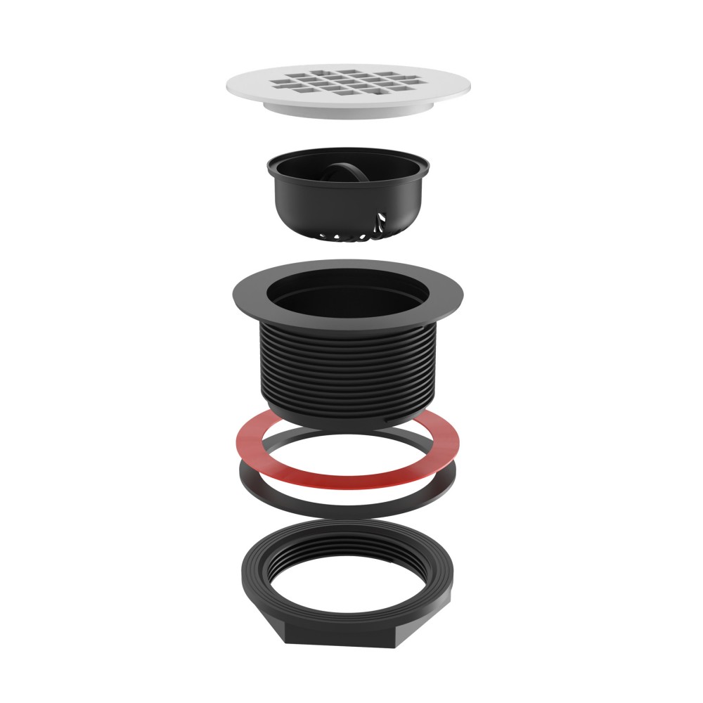 exploded assembly of pvc shower drain with round drain cover and internal filter