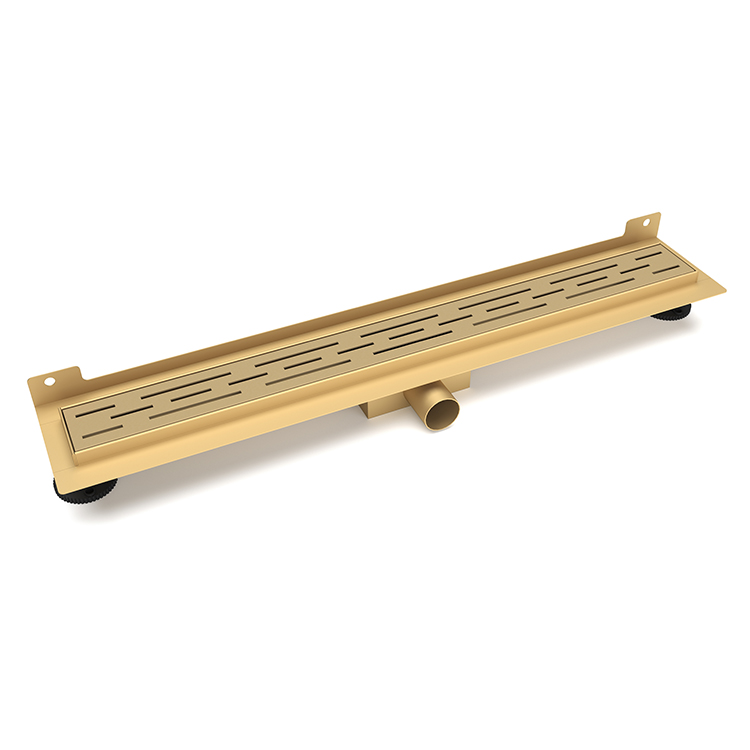 Luxury gold finish linear shower drain designed for modern wall mounted bathrooms