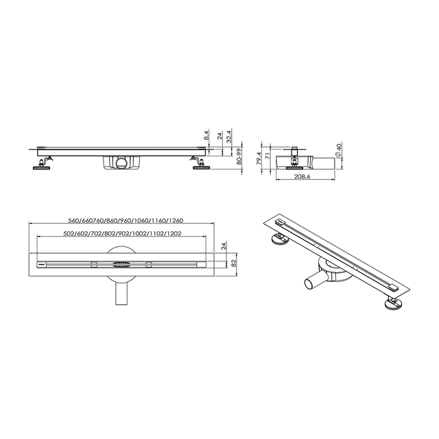 Technical drawing showing dimensions of linear drain shower and flange
