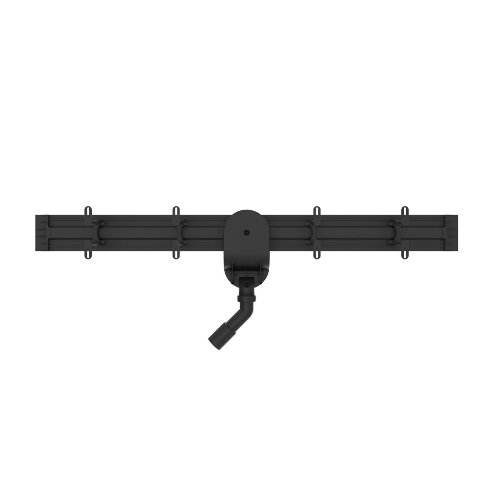 Underside of black slim line drain showing adjustable feet and horizontal outlet pipe