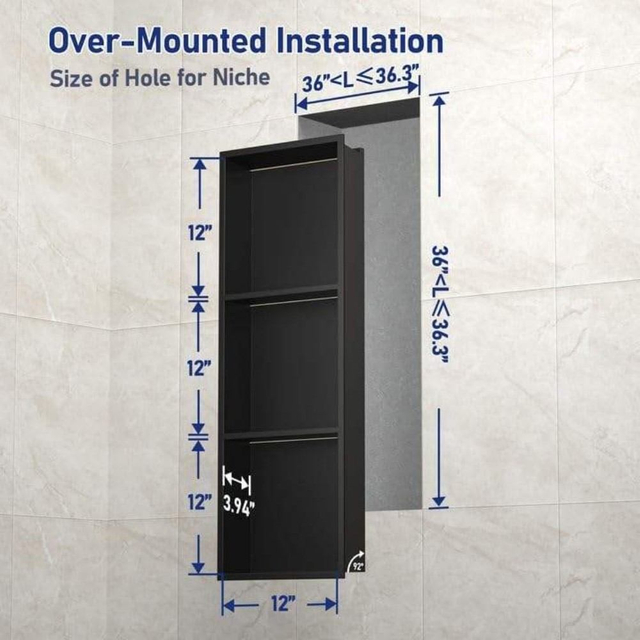 wall niche 3 shelf shower niche size and installation dimension