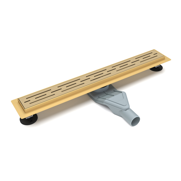 Gold finish linear floor drains with modern slot pattern