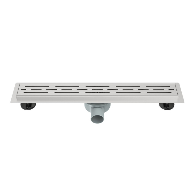 Perspective view of complete stainless steel linear drain assembly ready for installation