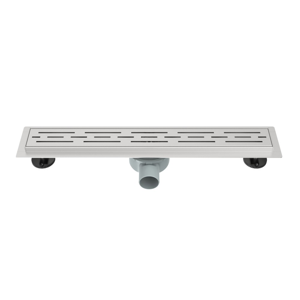 Perspective view of complete stainless steel linear drain assembly ready for installation