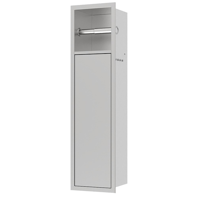 Recessed toilet brush holder with concealed storage, stainless steel vertical design with closed door