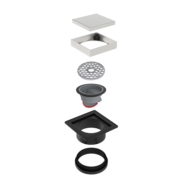 Exploded square shower drain with stainless grate and HDPE base