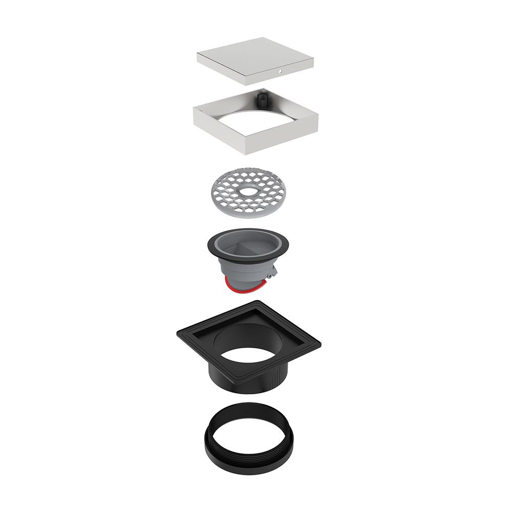 Exploded square shower drain with stainless grate and HDPE base