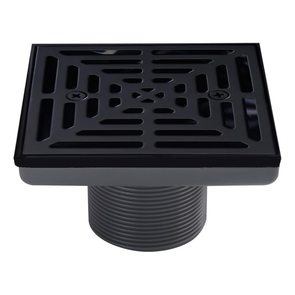 Square black shower drain top cover with threaded vertical drains pipe
