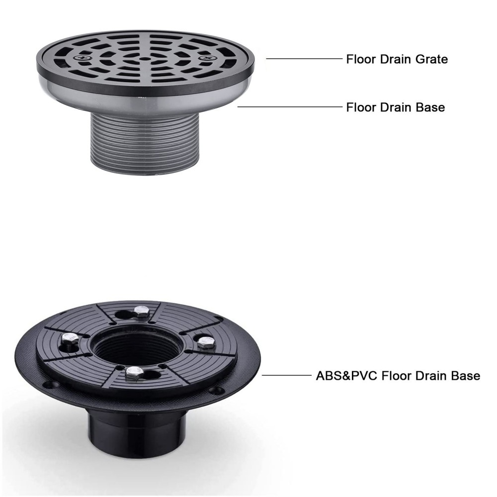 Structural diagram pointing out the round shower drain cover and the ABS PVC floor drain base