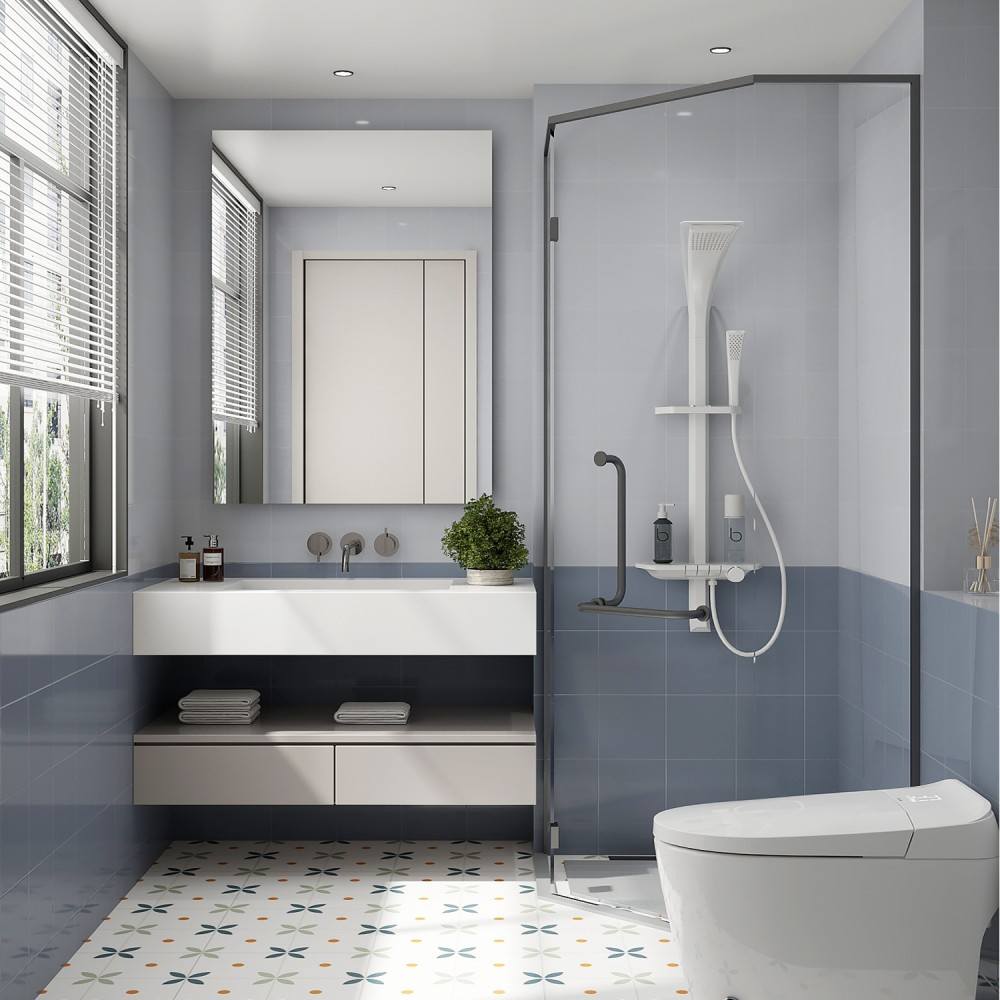 Wall mounted shower system with rain shower head in bathroom